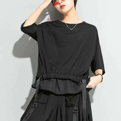 Load image into Gallery viewer, Women Black Irregular Ribbon Big Size T-shirt New Round Neck Half Sleeve  Fashion Tide  Spring Summer 2025 1DD5759
