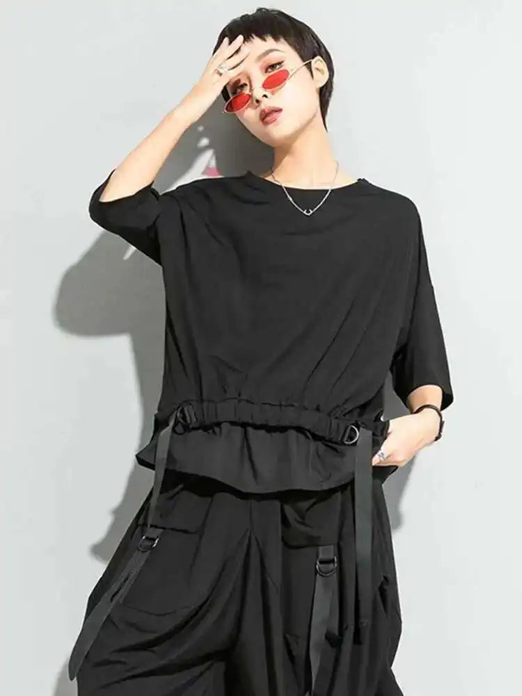 Women Black Irregular Ribbon Big Size T-shirt New Round Neck Half Sleeve  Fashion Tide  Spring Summer 2025 1DD5759