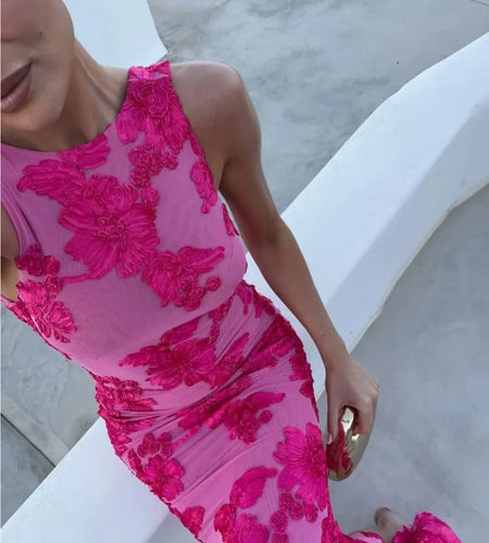 Elegant Floral Print Sexy Maxi Dress For Women Embroidered Applique Tank Dress Femme Bodycon Club Party Long Dress