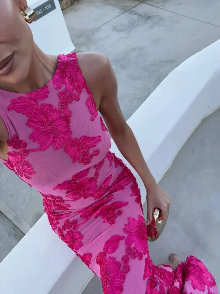 Elegant Floral Print Sexy Maxi Dress For Women Embroidered Applique Tank Dress Femme Bodycon Club Party Long Dress