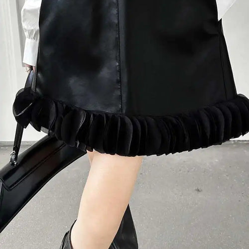 Load image into Gallery viewer, Black Leather Mesh Dress Shirt Two Pieces Suit New Lapel Long Sleeve Women Fashion Tide Spring Autumn 2025 1DH9256
