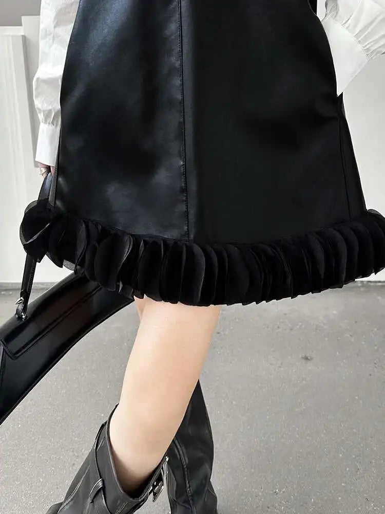 Black Leather Mesh Dress Shirt Two Pieces Suit New Lapel Long Sleeve Women Fashion Tide Spring Autumn 2025 1DH9256