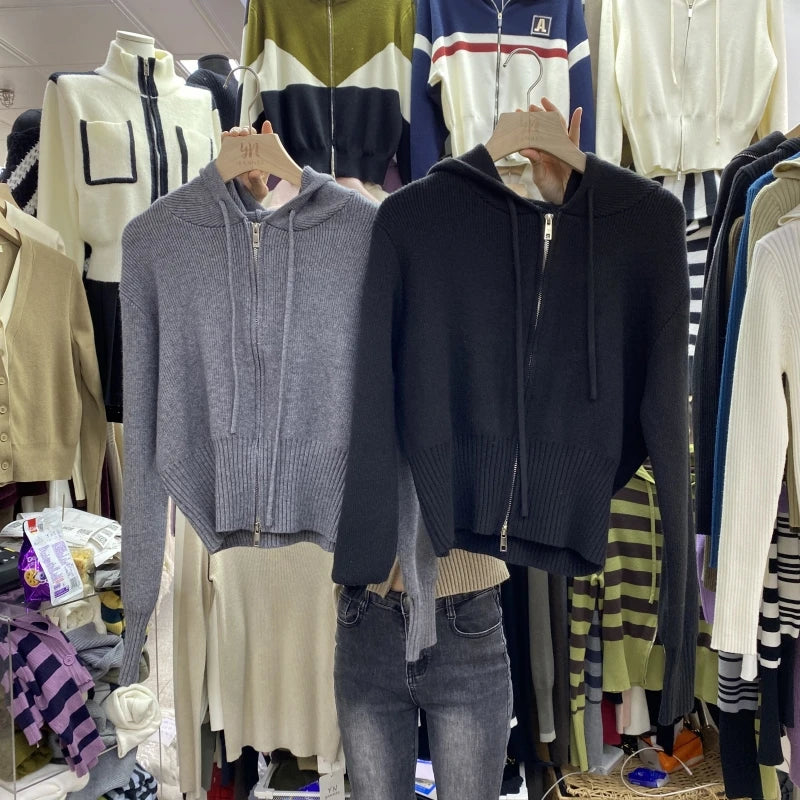 Korean Solid Hooded Double Zipper Cardigan Sweater Women Autumn Winter Long Sleeve Vacation Knitwear Tops Simplicity Streetwear