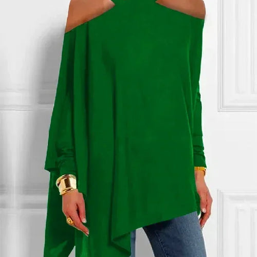 Load image into Gallery viewer, Women&#39;s Minimalist Daily Tops Hollowed Cold Shoulder Halter Long Sleeve Loose Pleated Shirt Elegant Asymmetric Blouse
