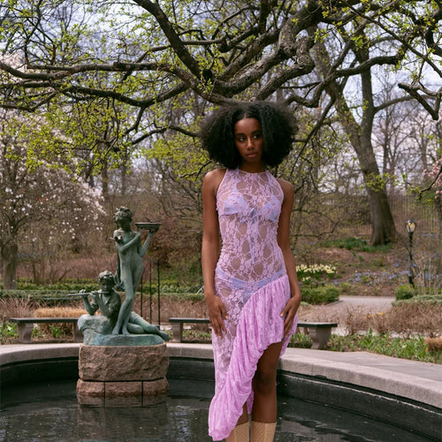 Load image into Gallery viewer, Lace See Through Ruffle Sexy Midi Dress Women Gown Summer Fashion High Waist Slim Thigh High Split Elegant Long Dress
