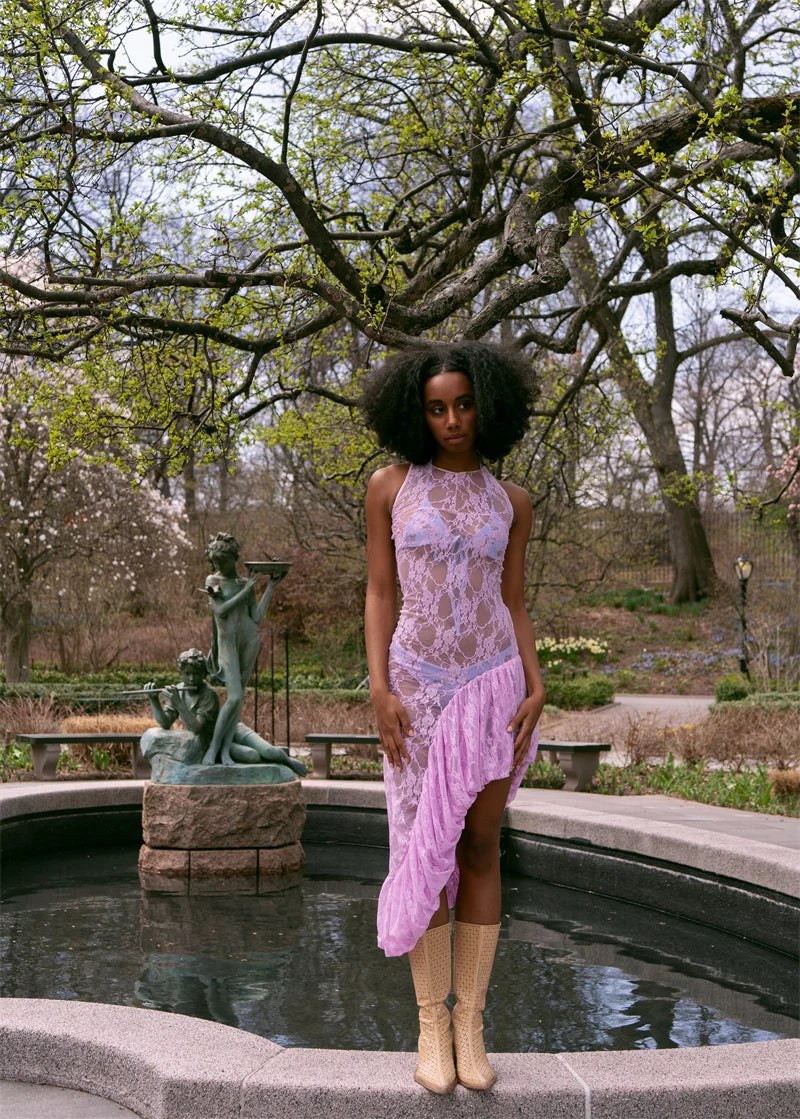 Lace See Through Ruffle Sexy Midi Dress Women Gown Summer Fashion High Waist Slim Thigh High Split Elegant Long Dress