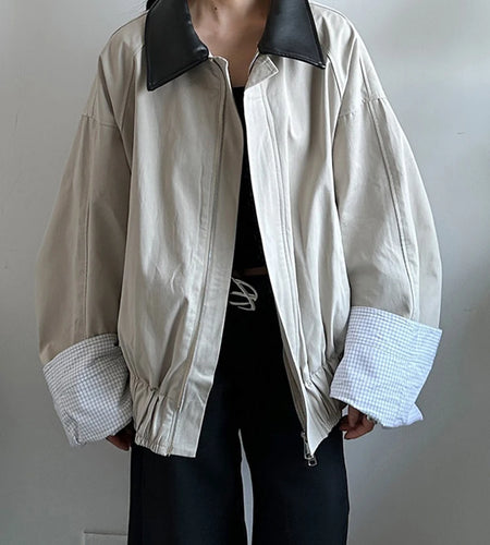 Khaki Plaid Leather Color-block Big Size Jacket New Lapel Long Sleeve Women Coat Fashion Tide Spring Autumn 2025  1DJ0976