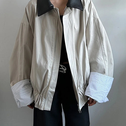 Load image into Gallery viewer, Khaki Plaid Leather Color-block Big Size Jacket New Lapel Long Sleeve Women Coat Fashion Tide Spring Autumn 2025  1DJ0976
