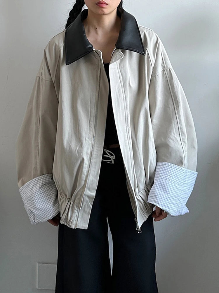 Khaki Plaid Leather Color-block Big Size Jacket New Lapel Long Sleeve Women Coat Fashion Tide Spring Autumn 2025  1DJ0976