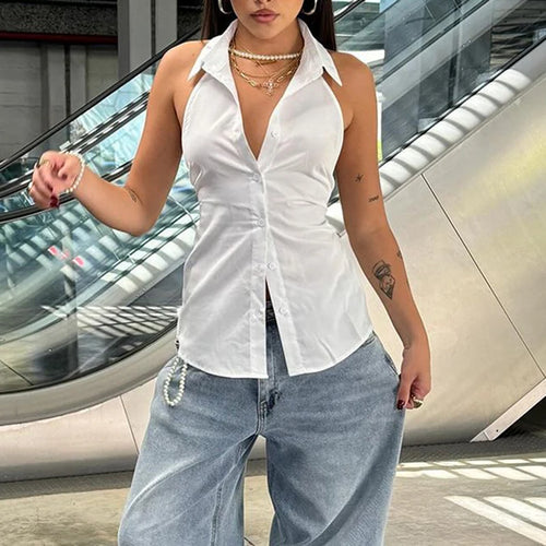 Load image into Gallery viewer, Fashion Backless White Blouse Top Sexy Solid Tie-Up Bow Design Chic Halter Neck Shirts Sleeveless Streetwear Outfits
