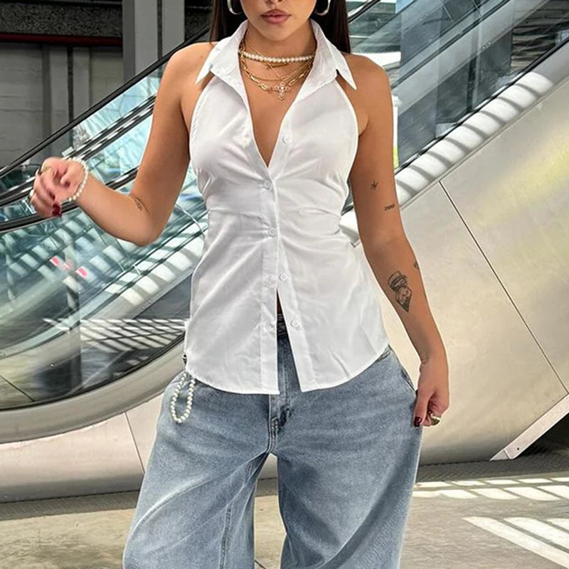 Fashion Backless White Blouse Top Sexy Solid Tie-Up Bow Design Chic Halter Neck Shirts Sleeveless Streetwear Outfits