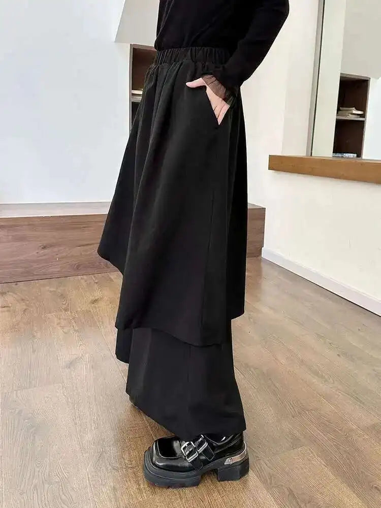 High Elastic Waist Black Irregular Spliced Long Wide Leg Pants New Trousers Women Fashion Tide Spring Autumn 2025 1DH8326