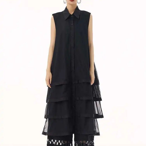 Load image into Gallery viewer, Women Black Layers Mesh Big Size Midi Vest Shirt Dress New Lapel Sleeveless Fashion Tide Spring Summer 2025 1DH9472
