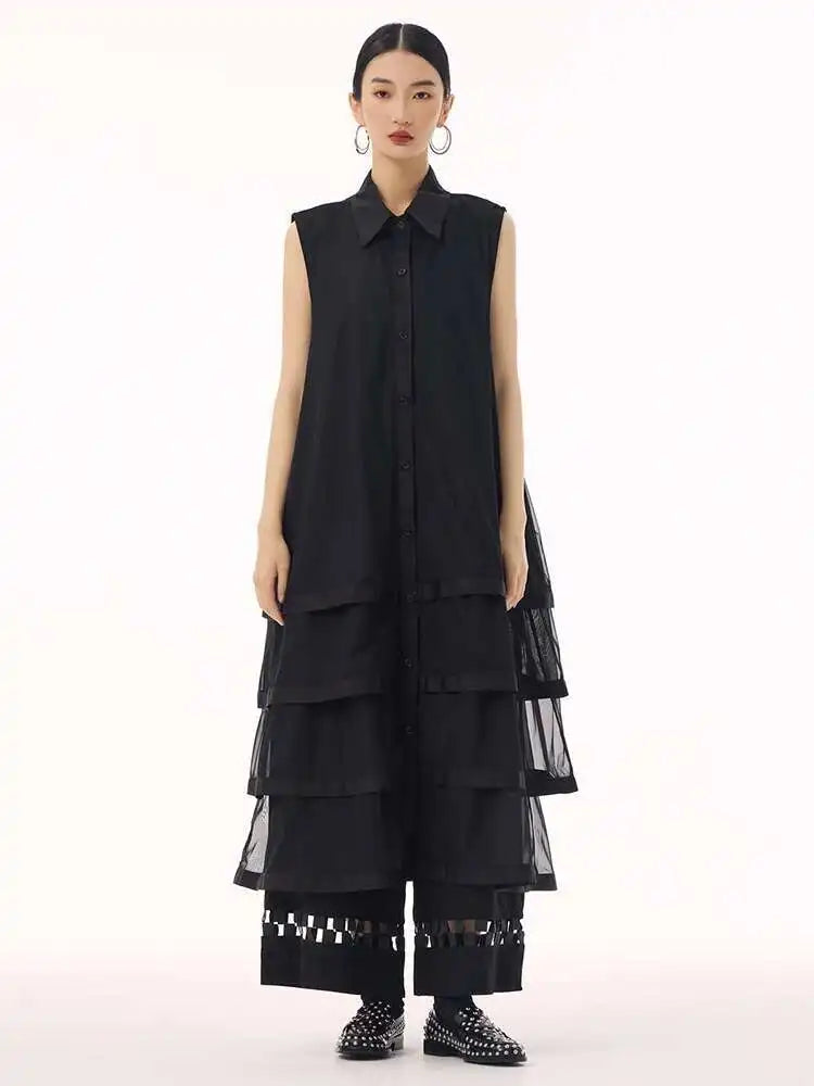 Women Black Layers Mesh Big Size Midi Vest Shirt Dress New Lapel Sleeveless Fashion Tide Spring Summer 2025 1DH9472