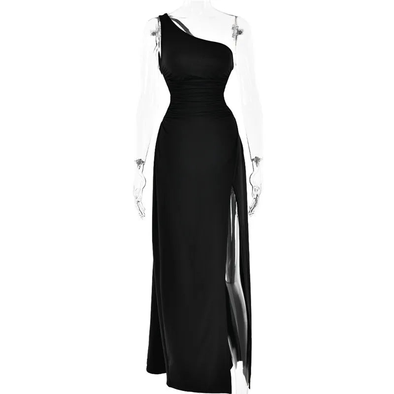 One Shoulder Diagonal Collar Backless Sexy Maxi Dress For Women Robe Fashion Off-shoulder Sleeveless High Split Dress