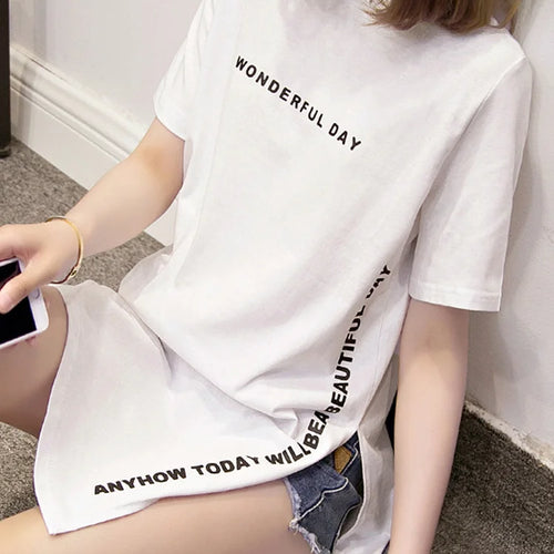 Load image into Gallery viewer, WONDERFUL DAY Print Long T shirts Summer Women Loose Slit Femme Tops Cotton Tshirt Short sleeve Ladies t-shirt
