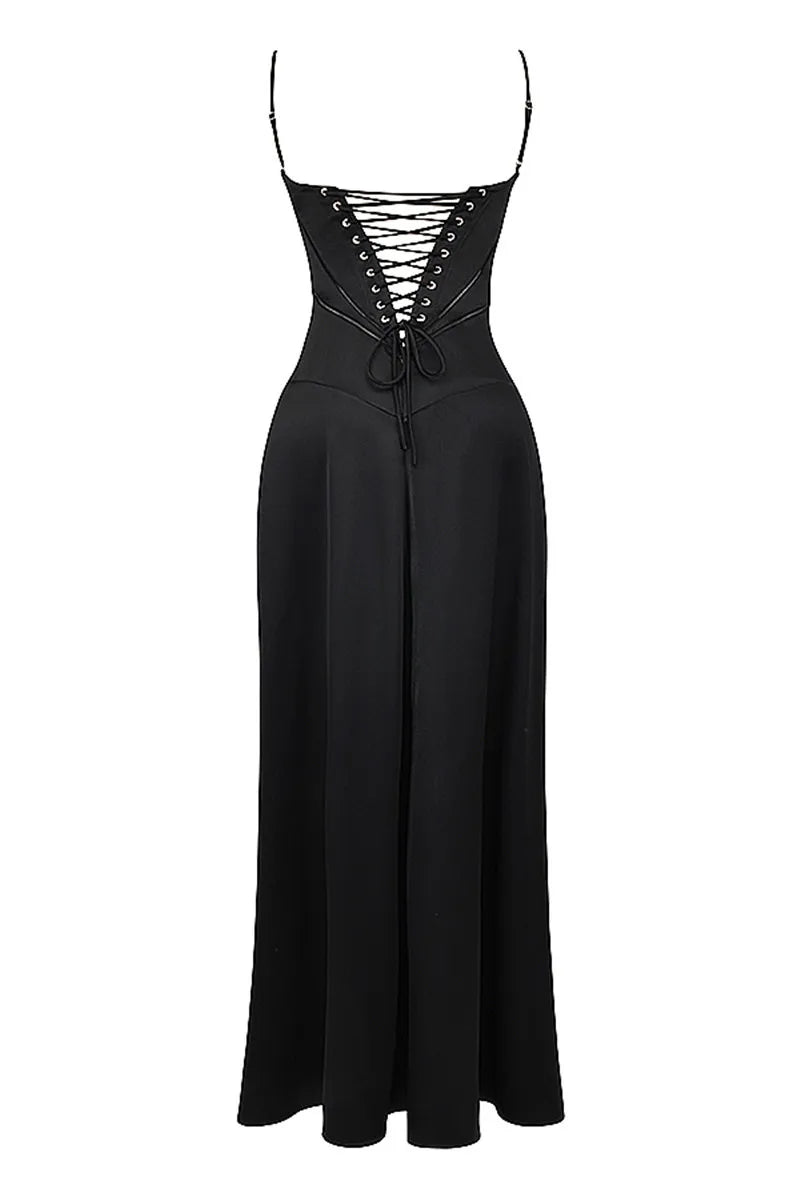 Lace-up Satin Maxi Slipdress Women Black Spaghetti Strap Sleeveless Backless Maxi Dress Femme Club Party Evening Dress