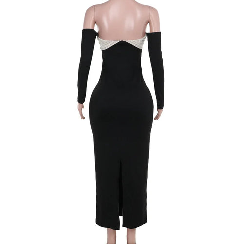 Load image into Gallery viewer, Patchwork Off-shoulder Sexy Maxi Dress For Women Gown Contrast Color Strapless Long Sleeve Bodycon Sexy Long Dress
