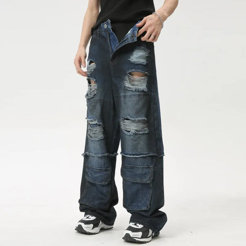 Load image into Gallery viewer, High Street Men&#39;s Jeans Loose Hole Worn-out Big Pocket Niche Design Male Straight Denim Pants Summer Stylish 9C6161
