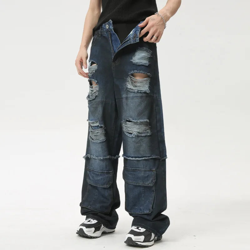 High Street Men's Jeans Loose Hole Worn-out Big Pocket Niche Design Male Straight Denim Pants Summer Stylish 9C6161