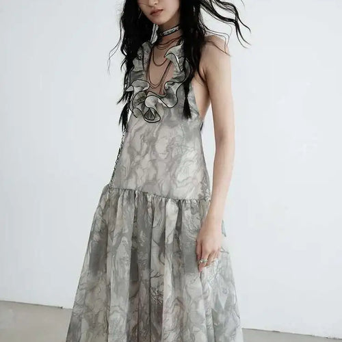 Load image into Gallery viewer, Women Gray Ruffled Backless Elegant Long Strapless Dress New Halter Sleeveless Fashion Tide Spring Autumn 2025 1DJ0014
