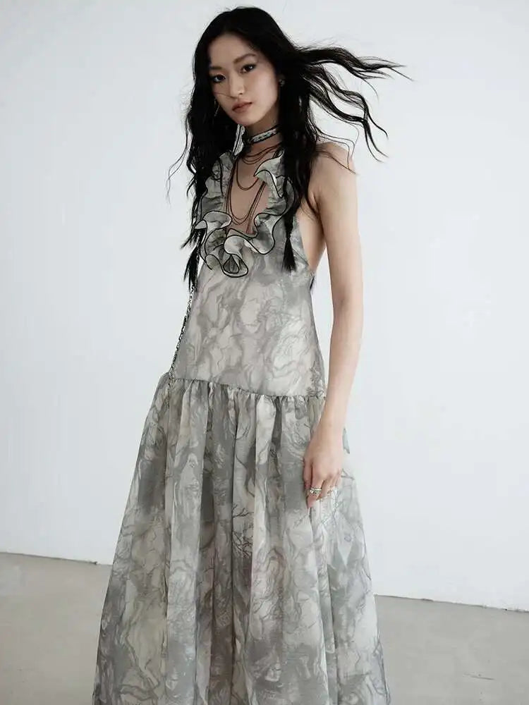 Women Gray Ruffled Backless Elegant Long Strapless Dress New Halter Sleeveless Fashion Tide Spring Autumn 2025 1DJ0014