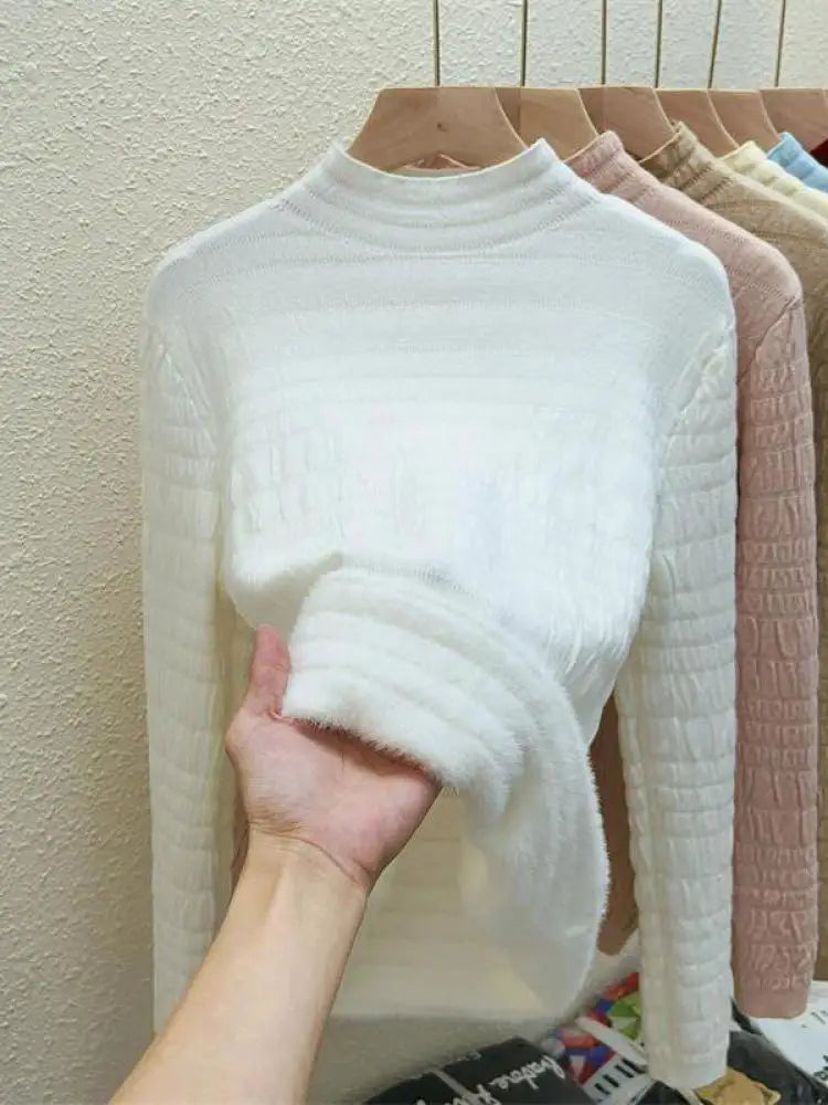 Autumn Winter Korean Fashion Solid Half Height Collar Velvet Knit Sweater Women Warm Long Sleeve Pullovers Tops Casual Popular