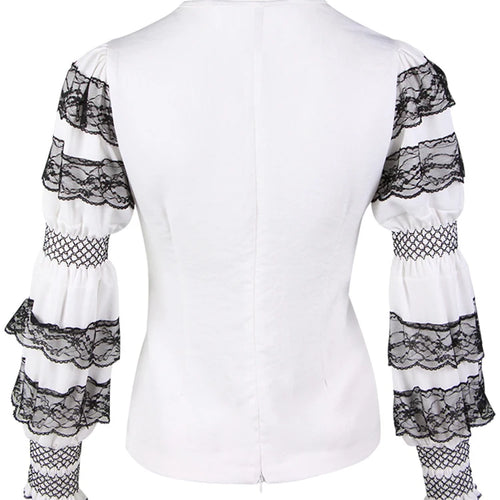 Load image into Gallery viewer, Lace Panel Slim Shirt For Women V Neck Puff Sleeve Colorblock Elegant Blouses Female Autumn Clothing Fashion
