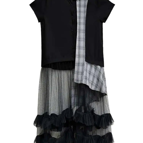 Load image into Gallery viewer, Women Black Plaid Mesh Spliced Big Size Midi Shirt Dress New Lapel Short Sleeve Fashion Tide Spring Summer 2025 1DJ0635
