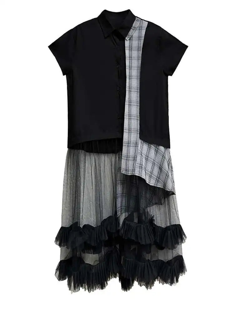 Women Black Plaid Mesh Spliced Big Size Midi Shirt Dress New Lapel Short Sleeve Fashion Tide Spring Summer 2025 1DJ0635