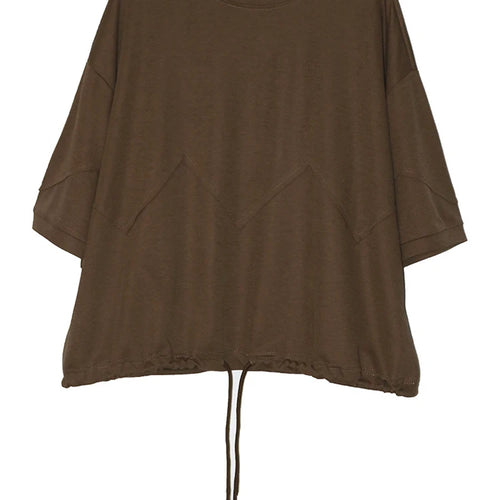 Load image into Gallery viewer, Women Black Hem Drawstring Spliced Big Size T-shirt New Round Neck Short Sleeve Fashion Tide Spring Summer 2025 1DJ1221
