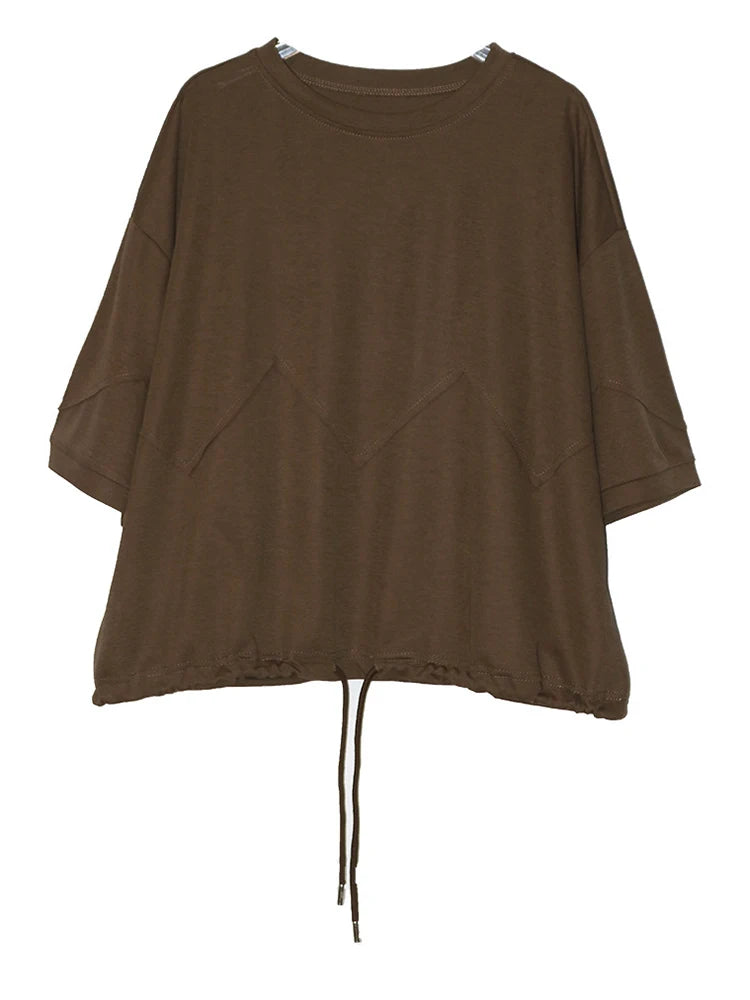 Women Black Hem Drawstring Spliced Big Size T-shirt New Round Neck Short Sleeve Fashion Tide Spring Summer 2025 1DJ1221