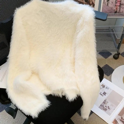 Load image into Gallery viewer, Autumn Winter Chinese Style White V Neck Elegant Knitted Cardigan Tops Women Beige Single Breasted Long Sleeve Mink Sweater Chic
