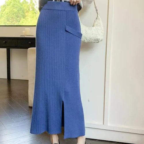 Load image into Gallery viewer, Women Solid Festival Knitted Long Skirt High Waist Slim Autumn Winter Elastic Waist Wrap Hip Split Skirts Fashion Elegant Ladies
