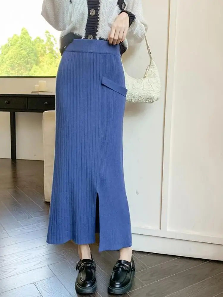 Women Solid Festival Knitted Long Skirt High Waist Slim Autumn Winter Elastic Waist Wrap Hip Split Skirts Fashion Elegant Ladies
