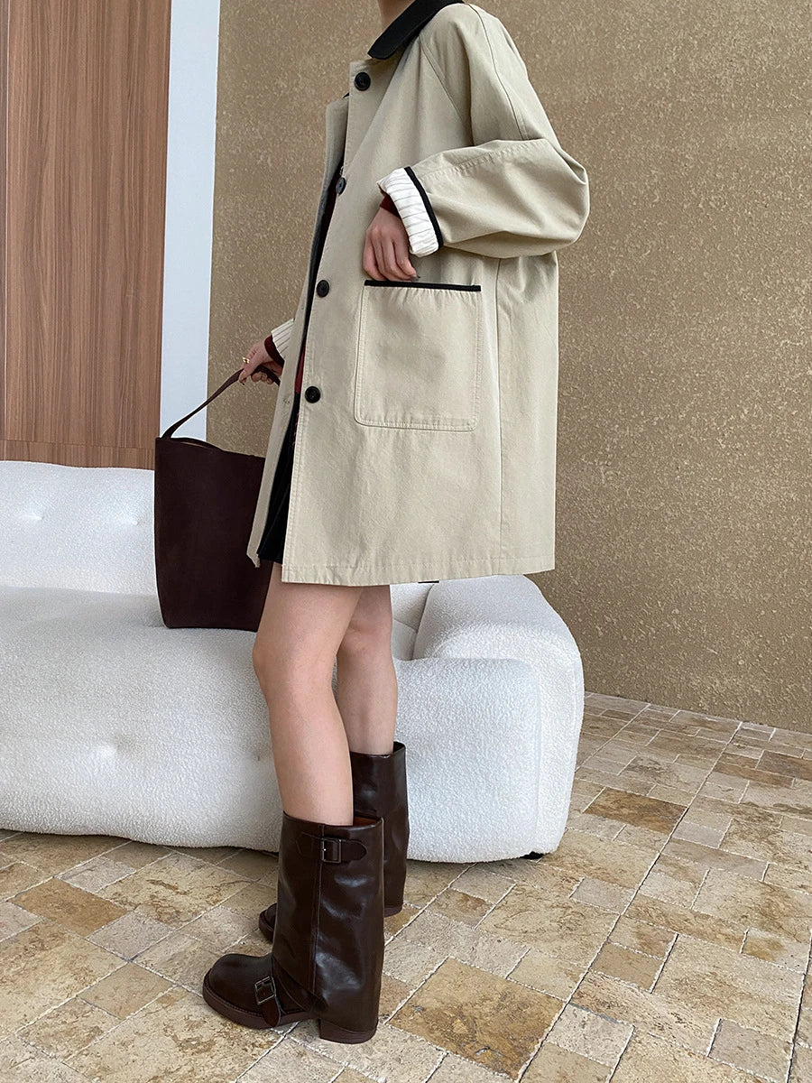 Hit Color Patchwork Pockets Chic Trench For Women Lapel Long Sleeve Temperament Long Coats Female Fashion Autumn