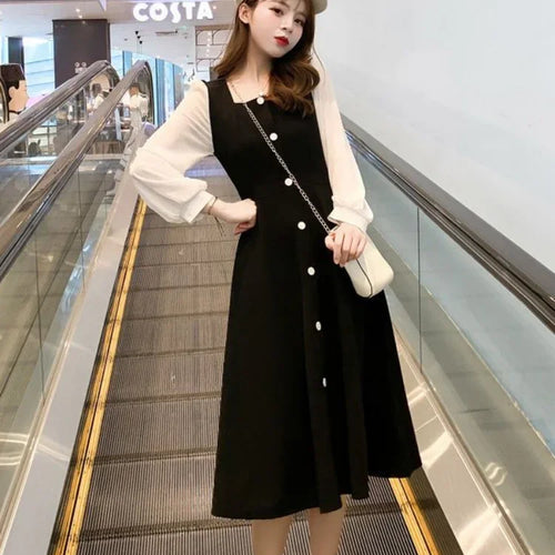 Load image into Gallery viewer, Korean Style Black Dress Women Vintage Square Collar Long Sleeve Midi Dresses Kpop Fashion Autumn Robes Female
