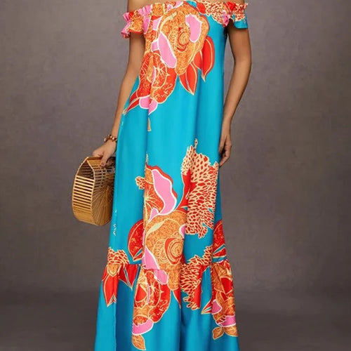 Load image into Gallery viewer, Women Vintage Print Dress 2025 Summer Vacations Split-joint Sexy Off-the-shoulder Maxi Dresses for Woman with Pockets
