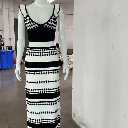 Load image into Gallery viewer, Striped Knit Two Piece Sets Women V Neck Sleeveless Crop Tops And Maxi Skirt Matching Sets Ladies Knit Skirt Sets
