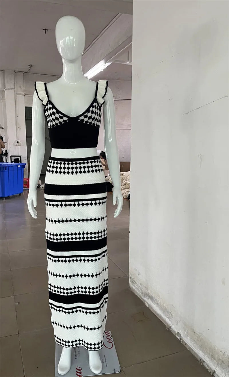 Striped Knit Two Piece Sets Women V Neck Sleeveless Crop Tops And Maxi Skirt Matching Sets Ladies Knit Skirt Sets