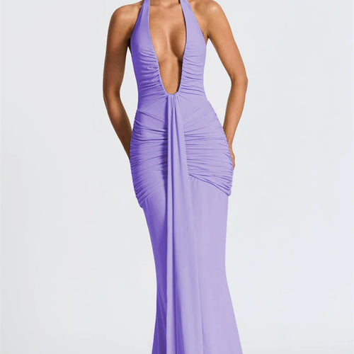 Load image into Gallery viewer, Deep V Neck Backless Ruched Sexy Maxi Dress Women Gown Summer Halter Sleeveless Draped Club Party Long Dress 2025
