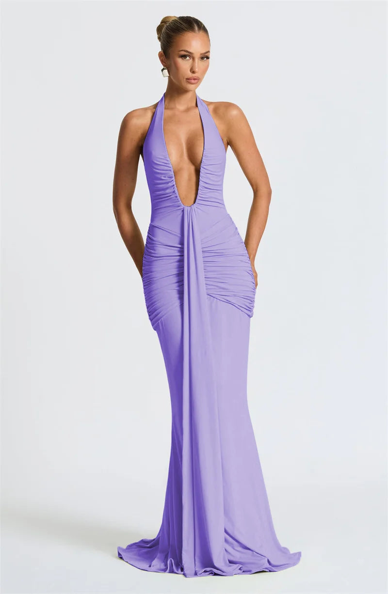 Deep V Neck Backless Ruched Sexy Maxi Dress Women Gown Summer Halter Sleeveless Draped Club Party Long Dress 2025