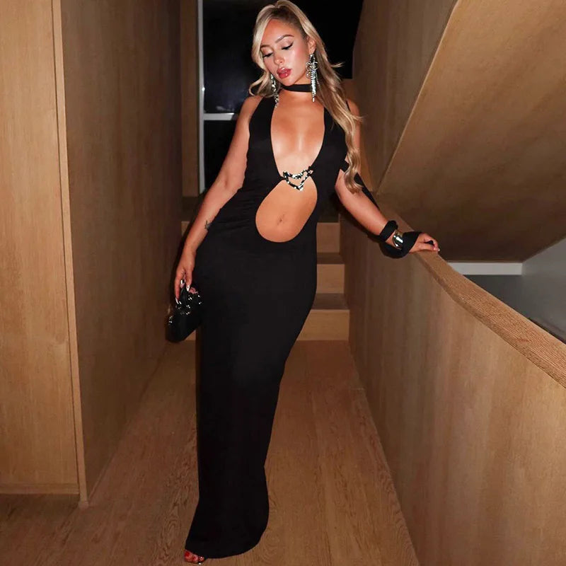 Hollow Out Halter Sexy Maxi Dress Women Summer New Metal Decoration Sleeveless Slim High Waist Long Dress Elegant