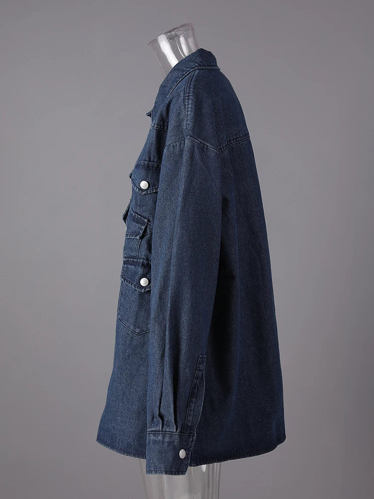 Blue Pockets Denim Big Size Casual Jacket New Lapel Long Sleeve Women Coat Fashion Tide Spring Autumn 2025 12C2135