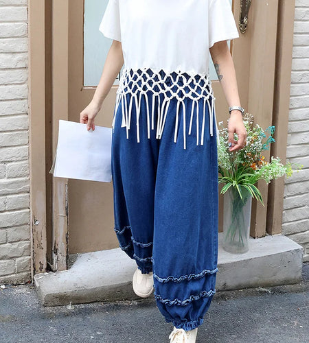High Elastic Waist Blue Denim Ruffles Casual Wide Leg Jeans New Women Trousers Fashion Tide Spring Autumn 2025 1DJ0422