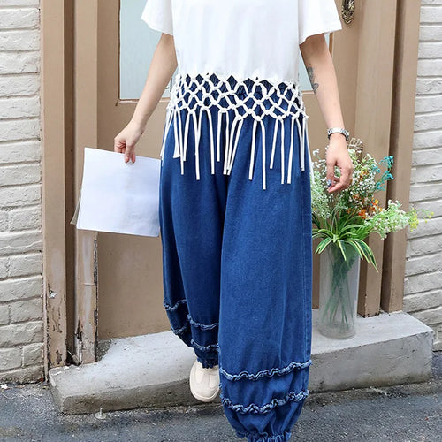 Load image into Gallery viewer, High Elastic Waist Blue Denim Ruffles Casual Wide Leg Jeans New Women Trousers Fashion Tide Spring Autumn 2025 1DJ0422
