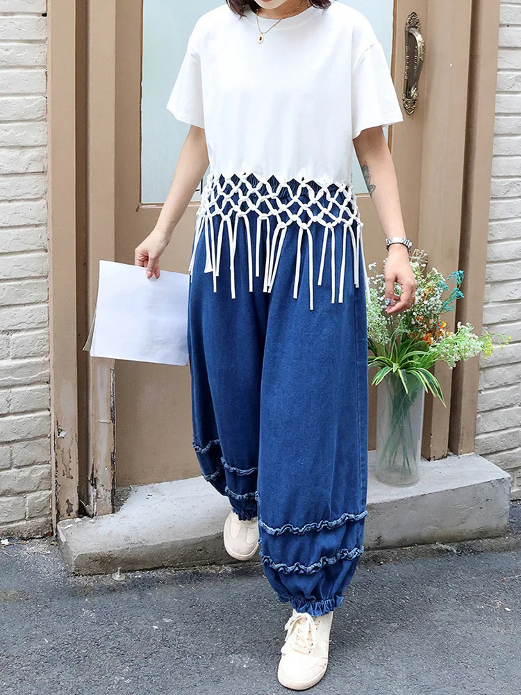 High Elastic Waist Blue Denim Ruffles Casual Wide Leg Jeans New Women Trousers Fashion Tide Spring Autumn 2025 1DJ0422