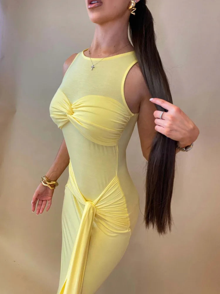 Elegant Mesh Patchwork Lace Up Dress For Women Bodycon Perspective Maxi Female Vestidos Party Club Evening Dress 2024