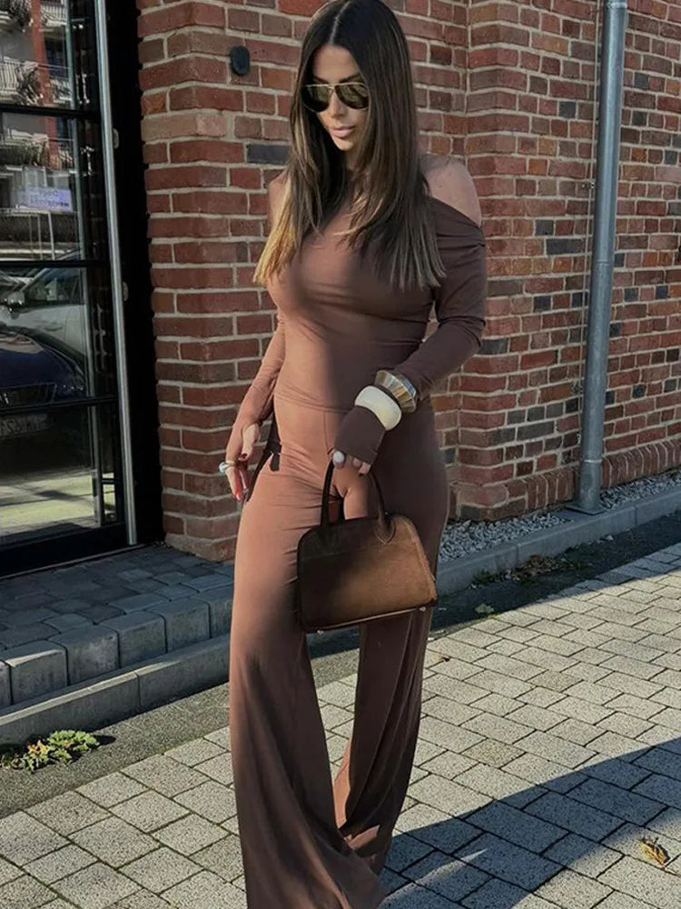 Fashion Women Long Sleeve Two Piece Set 2025 Autumn/Winter Casual New Female Slim Top Wrapped Hip Bellbottom Pants Set