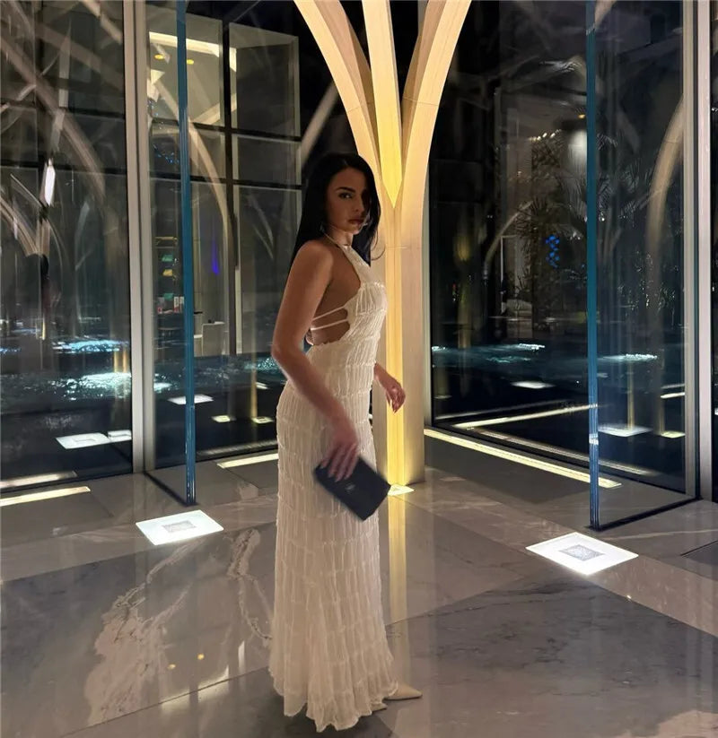 Halter Backless Sexy Maxi Dress For Women Spring Summer New Lace-up Sleeveless Pleated Beach Holiday Long Dress Elegant